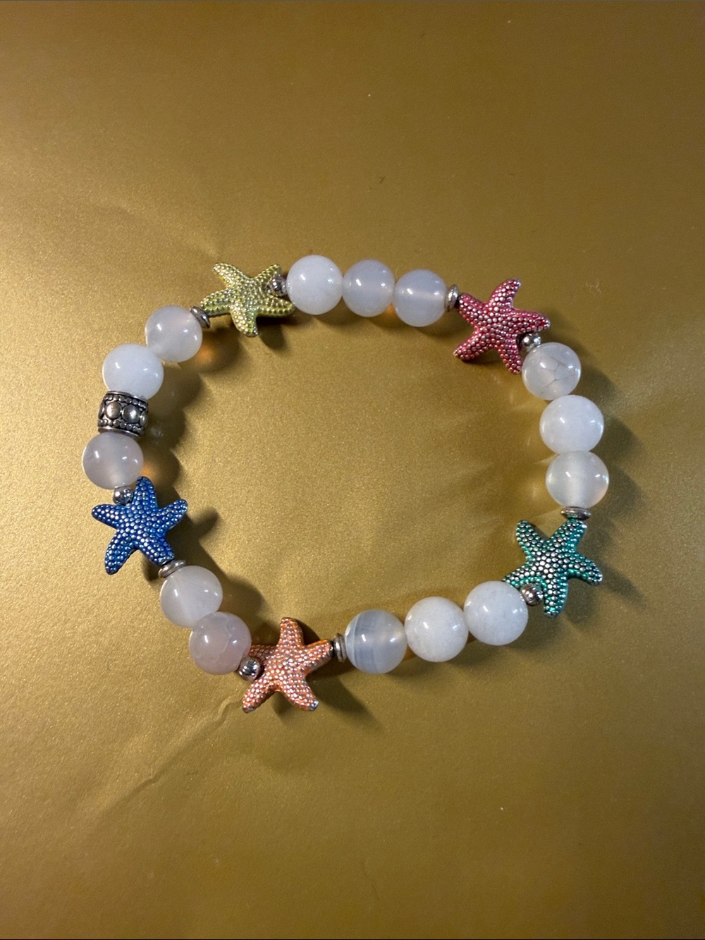 Colorful Starfish Beaded Stretch Bracelet - White Agate & Multicolor Stars
